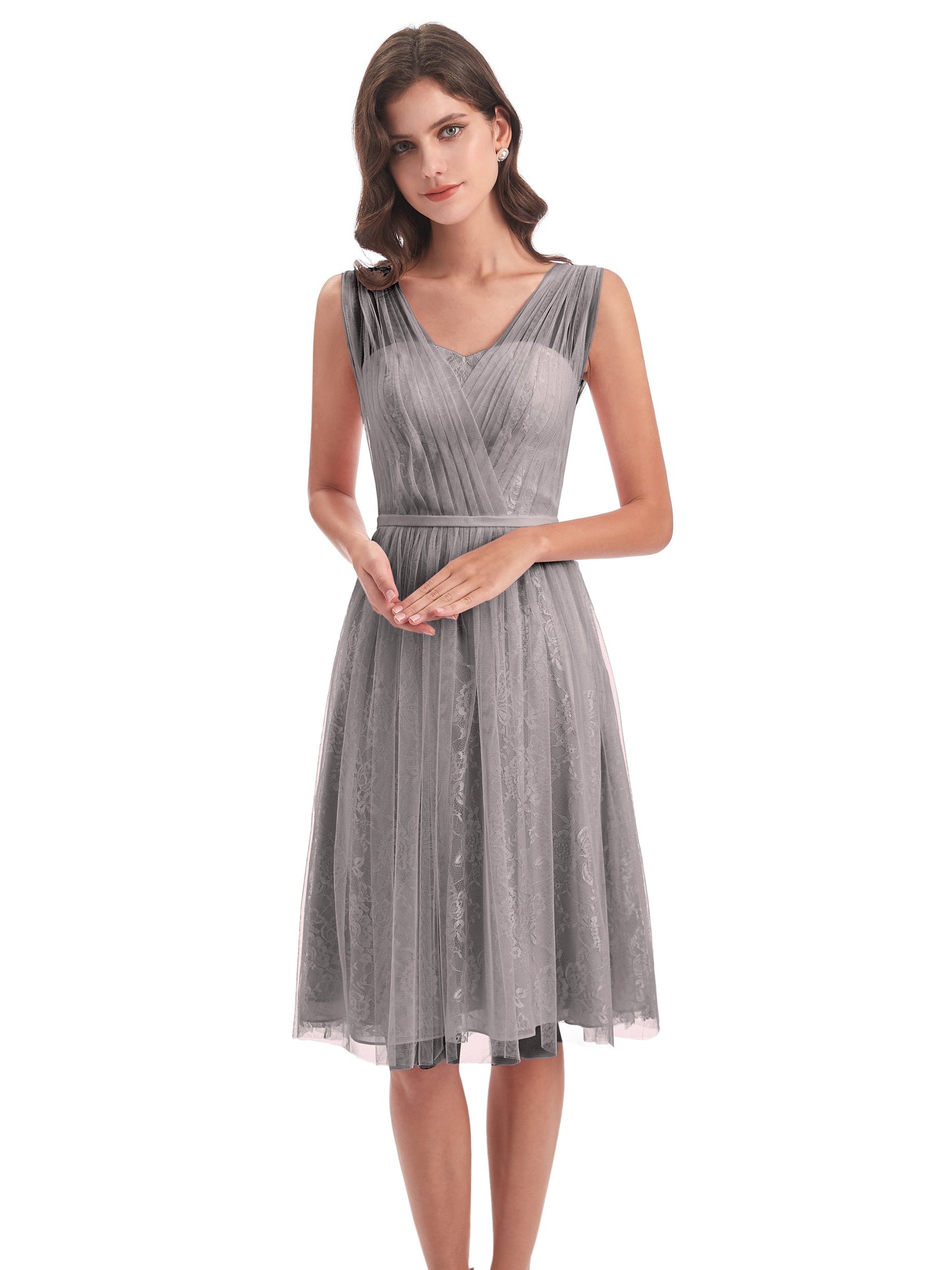 Savannah Knee Length V-neck Straps Tulle Bridesmaid Dresses