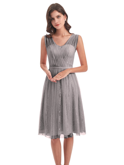 Savannah Knee Length V-neck Straps Tulle Bridesmaid Dresses