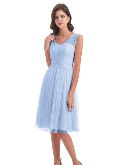 Savannah Knee Length V-neck Straps Tulle Bridesmaid Dresses