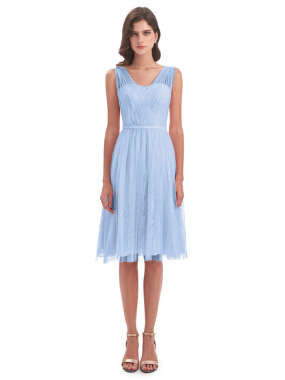 Savannah Knee Length V-neck Straps Tulle Bridesmaid Dresses