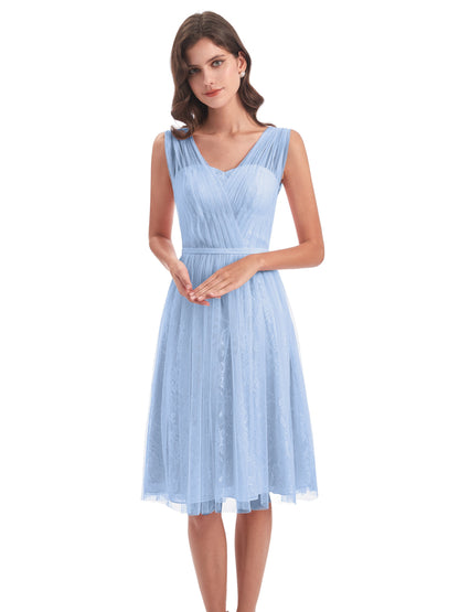 Savannah Knee Length V-neck Straps Tulle Bridesmaid Dresses