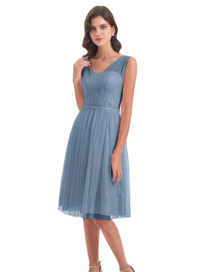 Savannah Knee Length V-neck Straps Tulle Bridesmaid Dresses