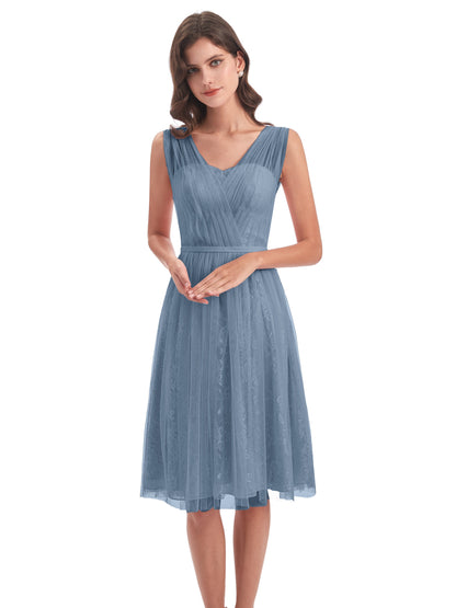 Savannah Knee Length V-neck Straps Tulle Bridesmaid Dresses