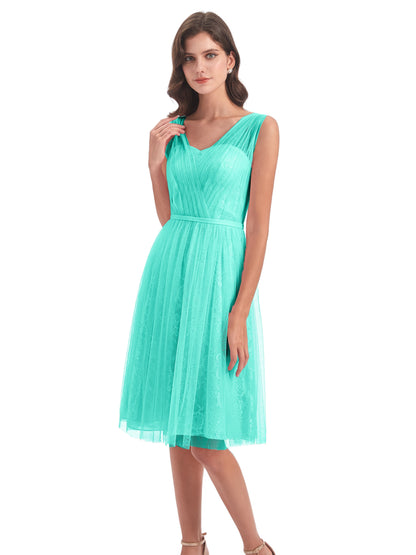Savannah Knee Length V-neck Straps Tulle Bridesmaid Dresses