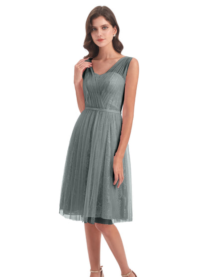 Savannah Knee Length V-neck Straps Tulle Bridesmaid Dresses
