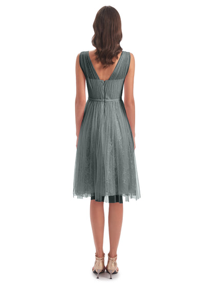 Savannah Knee Length V-neck Straps Tulle Bridesmaid Dresses