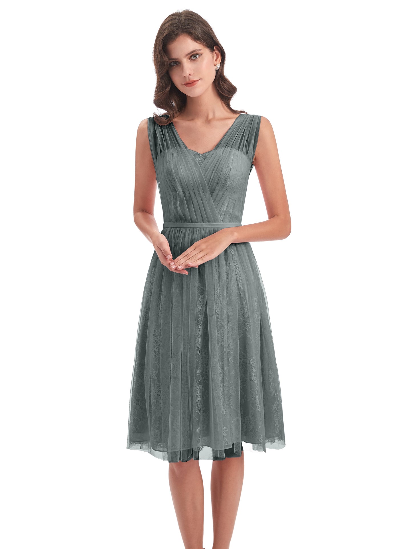 Savannah Knee Length V-neck Straps Tulle Bridesmaid Dresses