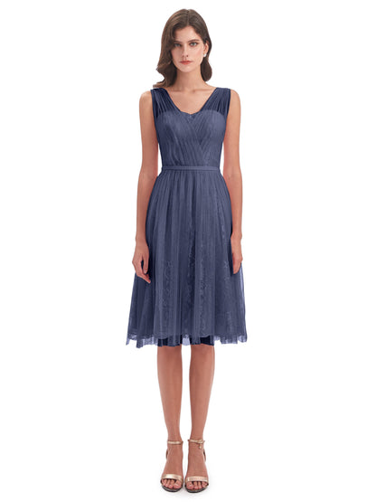 Savannah Knee Length V-neck Straps Tulle Bridesmaid Dresses