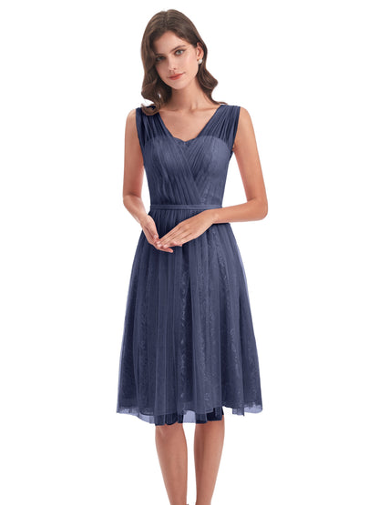 Savannah Knee Length V-neck Straps Tulle Bridesmaid Dresses