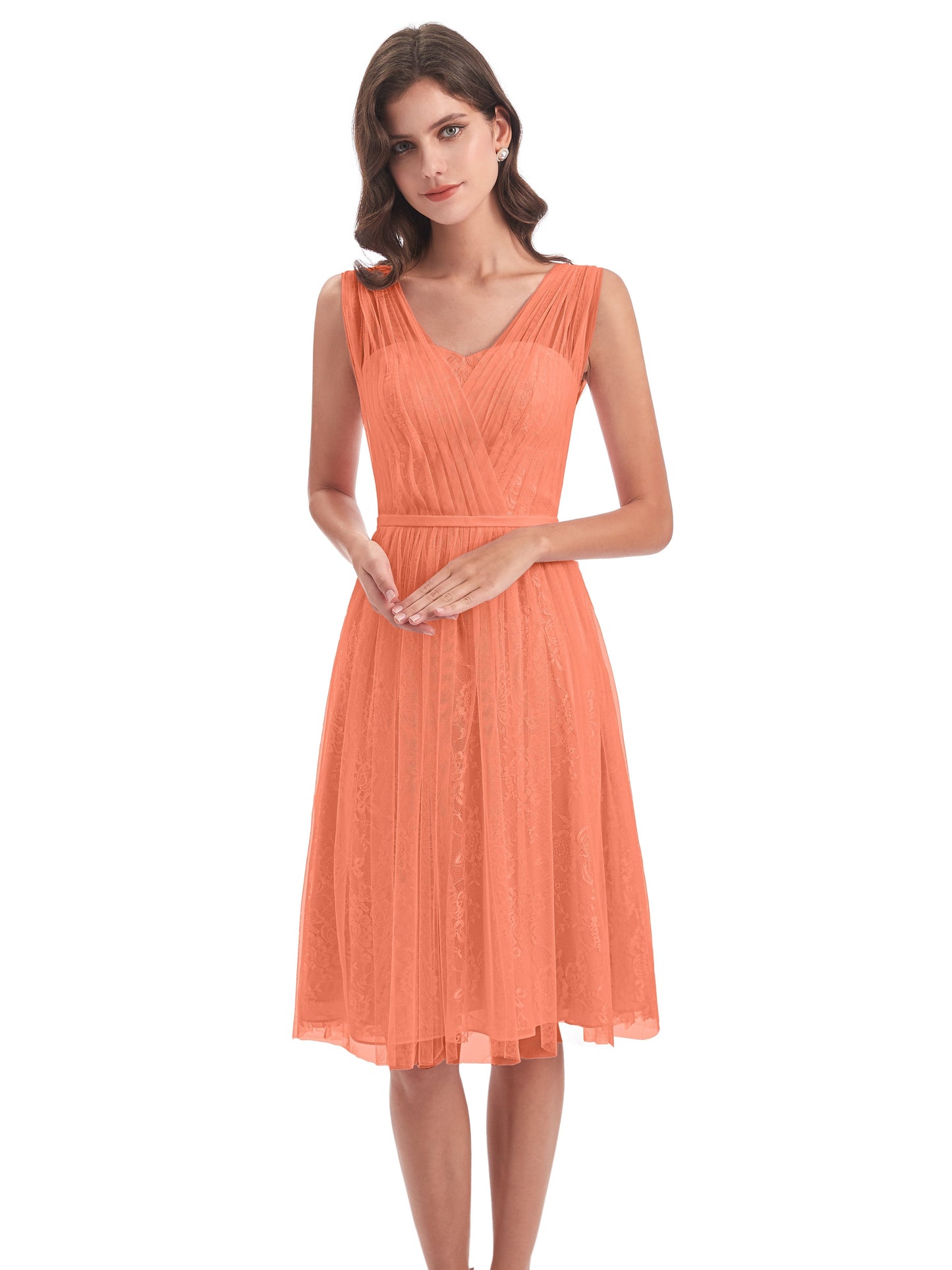 Savannah Knee Length V-neck Straps Tulle Bridesmaid Dresses
