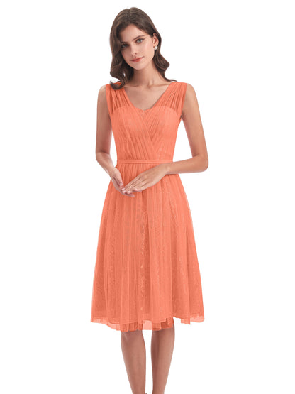 Savannah Knee Length V-neck Straps Tulle Bridesmaid Dresses