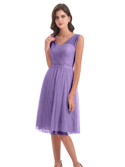 Savannah Knee Length V-neck Straps Tulle Bridesmaid Dresses