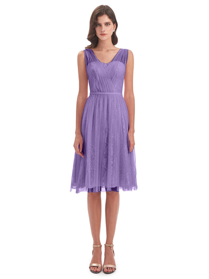 Savannah Knee Length V-neck Straps Tulle Bridesmaid Dresses