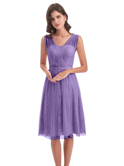 Savannah Knee Length V-neck Straps Tulle Bridesmaid Dresses