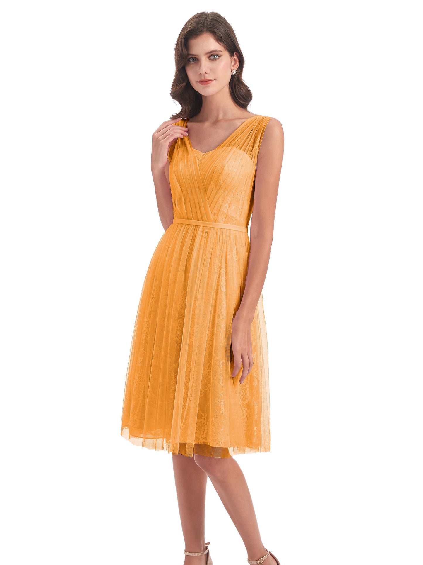 Savannah Knee Length V-neck Straps Tulle Bridesmaid Dresses