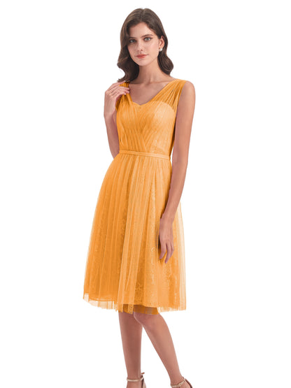 Savannah Knee Length V-neck Straps Tulle Bridesmaid Dresses