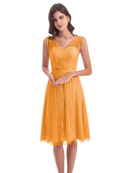 Savannah Knee Length V-neck Straps Tulle Bridesmaid Dresses