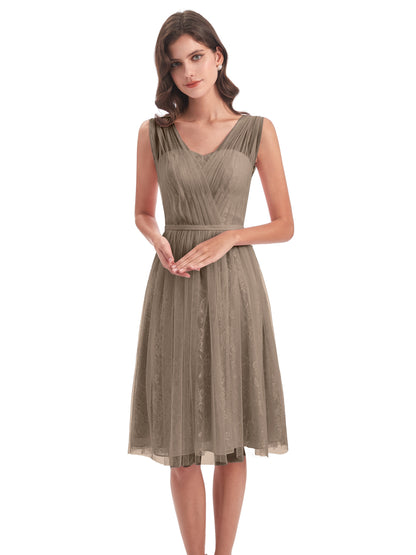 Savannah Knee Length V-neck Straps Tulle Bridesmaid Dresses