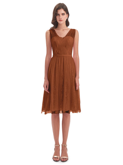 Savannah Knee Length V-neck Straps Tulle Bridesmaid Dresses