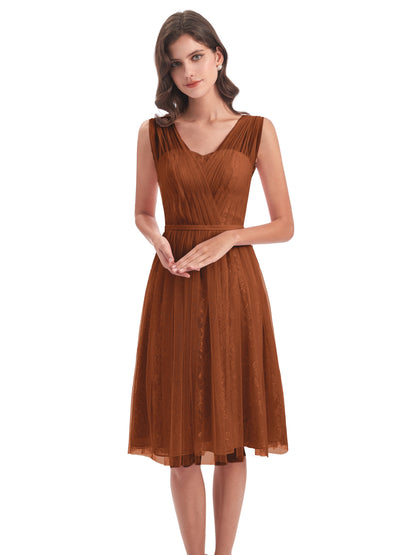 Savannah Knee Length V-neck Straps Tulle Bridesmaid Dresses