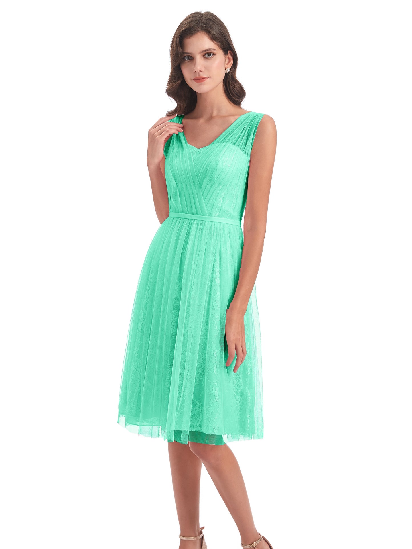 Savannah Knee Length V-neck Straps Tulle Bridesmaid Dresses