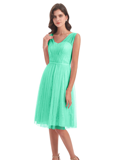 Savannah Knee Length V-neck Straps Tulle Bridesmaid Dresses