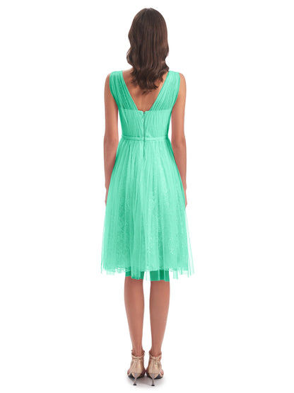 Savannah Knee Length V-neck Straps Tulle Bridesmaid Dresses