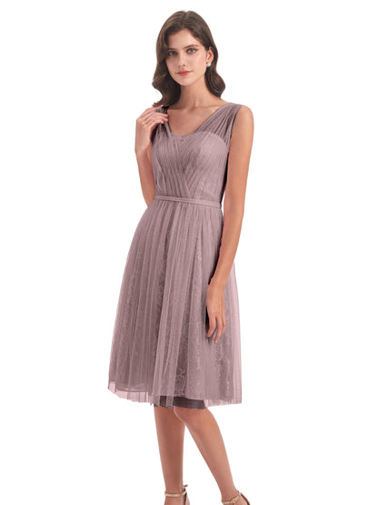 Savannah Knee Length V-neck Straps Tulle Bridesmaid Dresses
