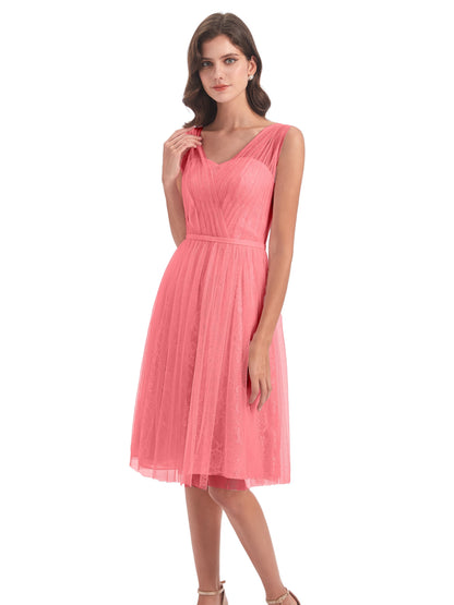 Savannah Knee Length V-neck Straps Tulle Bridesmaid Dresses