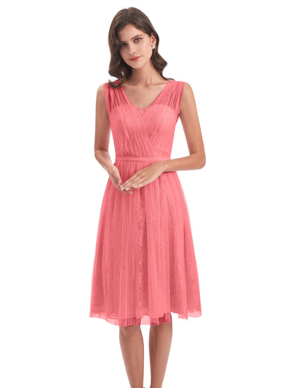 Savannah Knee Length V-neck Straps Tulle Bridesmaid Dresses