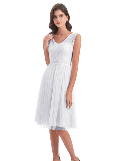 Savannah Knee Length V-neck Straps Tulle Bridesmaid Dresses