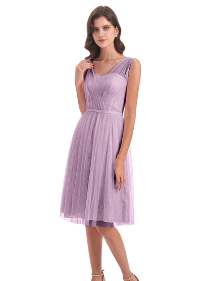 Savannah Knee Length V-neck Straps Tulle Bridesmaid Dresses