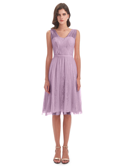 Savannah Knee Length V-neck Straps Tulle Bridesmaid Dresses