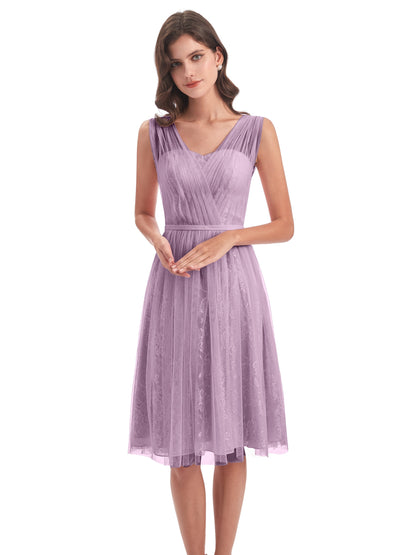 Savannah Knee Length V-neck Straps Tulle Bridesmaid Dresses