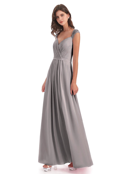 Sofia Floor Length Cap Sleeves Chiffon Bridesmaid Dresses
