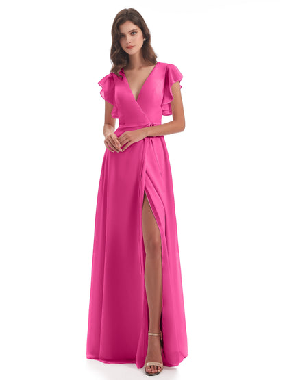 Stella Sheath Floor Length V-Neck Chiffon Bridesmaid Dresses