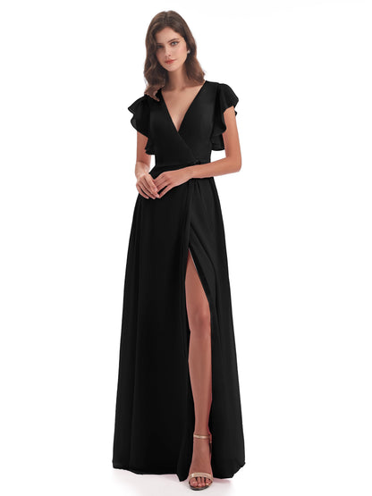 Stella Sheath Floor Length V-Neck Chiffon Bridesmaid Dresses
