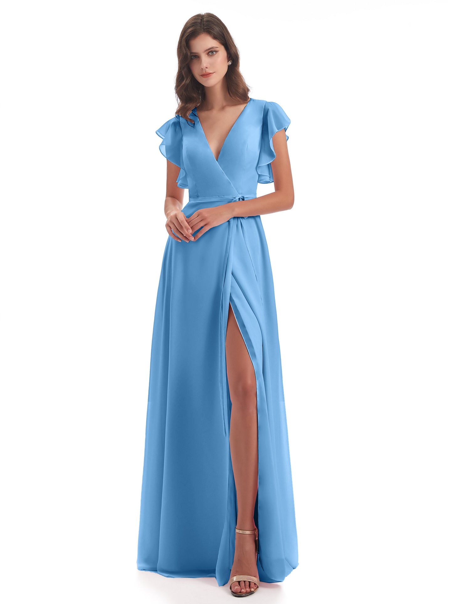 Stella Sheath Floor Length V-Neck Chiffon Bridesmaid Dresses