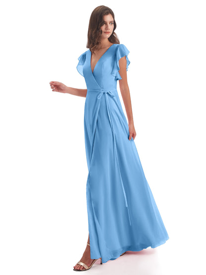Stella Sheath Floor Length V-Neck Chiffon Bridesmaid Dresses