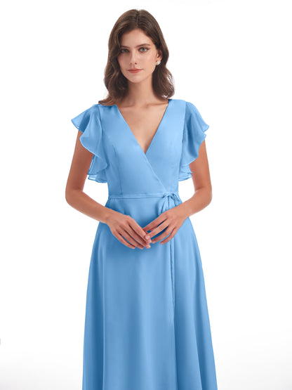 Stella Sheath Floor Length V-Neck Chiffon Bridesmaid Dresses