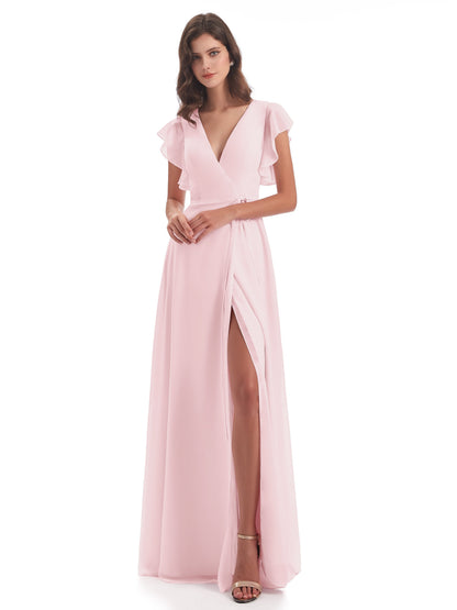 Stella Sheath Floor Length V-Neck Chiffon Bridesmaid Dresses