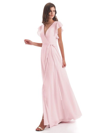 Stella Sheath Floor Length V-Neck Chiffon Bridesmaid Dresses