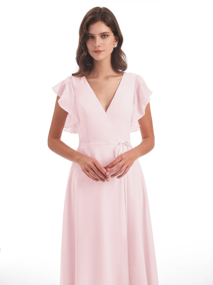 Stella Sheath Floor Length V-Neck Chiffon Bridesmaid Dresses