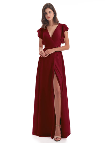 Stella Sheath Floor Length V-Neck Chiffon Bridesmaid Dresses