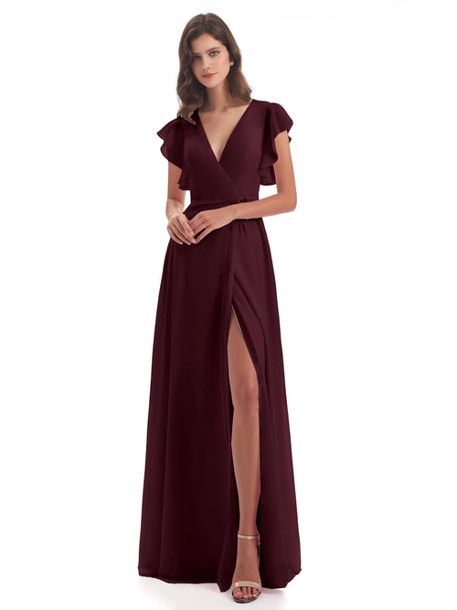 Stella Sheath Floor Length V-Neck Chiffon Bridesmaid Dresses