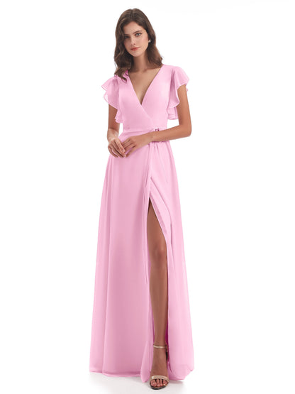 Stella Sheath Floor Length V-Neck Chiffon Bridesmaid Dresses