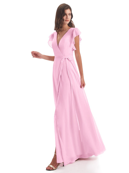 Stella Sheath Floor Length V-Neck Chiffon Bridesmaid Dresses