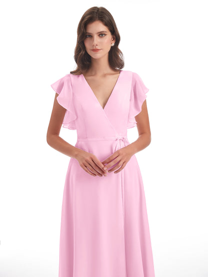 Stella Sheath Floor Length V-Neck Chiffon Bridesmaid Dresses