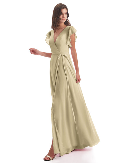 Stella Sheath Floor Length V-Neck Chiffon Bridesmaid Dresses