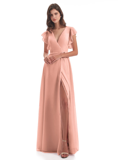 Stella Sheath Floor Length V-Neck Chiffon Bridesmaid Dresses